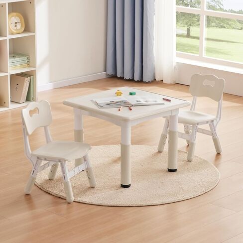 Kids Study Table and Chairs Set, Height Adjustable Toddler Table and Chair Set for Kids Ages 3-8, 23.6" L x 23.6" W Graffiti Desktop Plastic Children Art Table with 2 Seats, Burlywood in Kuwait