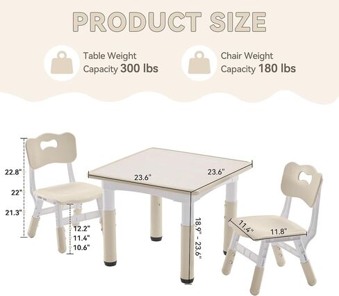 Kids Study Table and Chairs Set, Height Adjustable Toddler Table and Chair Set for Kids Ages 3-8, 23.6" L x 23.6" W Graffiti Desktop Plastic Children Art Table with 2 Seats, Burlywood in Kuwait