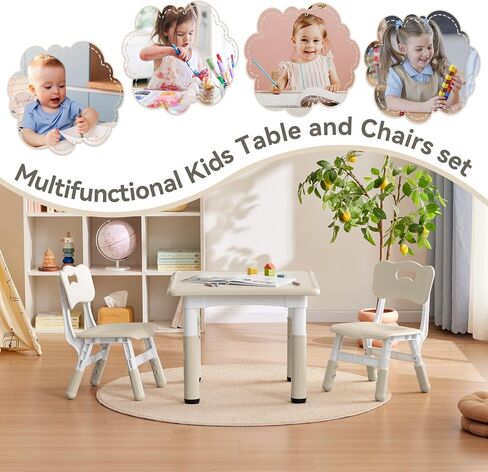 Kids Study Table and Chairs Set, Height Adjustable Toddler Table and Chair Set for Kids Ages 3-8, 23.6" L x 23.6" W Graffiti Desktop Plastic Children Art Table with 2 Seats, Burlywood in Kuwait