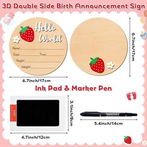 R HORSE Baby Announcement Sign with Ink Pad and Marker Pen 3D Strawberry Hello World Wooden Keepsake for Newborn Handprints Footprints Christening Shower Gift Double-Sided Name Plaque Welcome Sign in Saudi Arabia