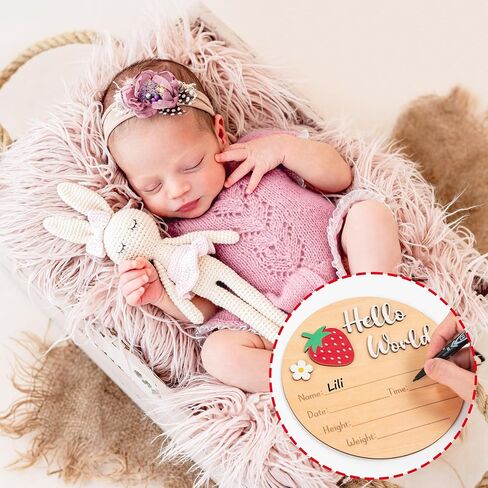R HORSE Baby Announcement Sign with Ink Pad and Marker Pen 3D Strawberry Hello World Wooden Keepsake for Newborn Handprints Footprints Christening Shower Gift Double-Sided Name Plaque Welcome Sign in Saudi Arabia
