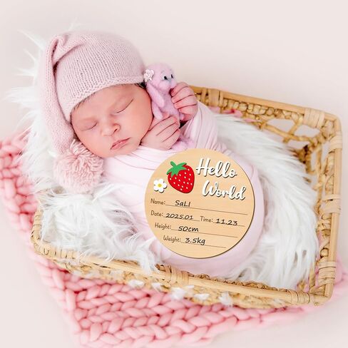 R HORSE Baby Announcement Sign with Ink Pad and Marker Pen 3D Strawberry Hello World Wooden Keepsake for Newborn Handprints Footprints Christening Shower Gift Double-Sided Name Plaque Welcome Sign in Saudi Arabia