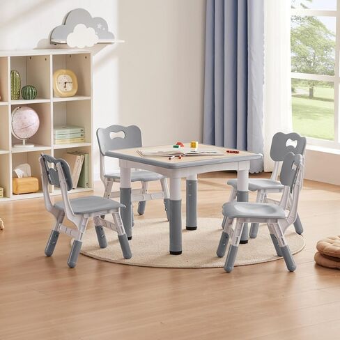 Kids Study Table and Chairs Set, Height Adjustable Toddler Table and Chair Set for Kids Ages 3-8, 23.6" L x 23.6" W Graffiti Desktop Plastic Children Art Table with 2 Seats, Burlywood in Kuwait