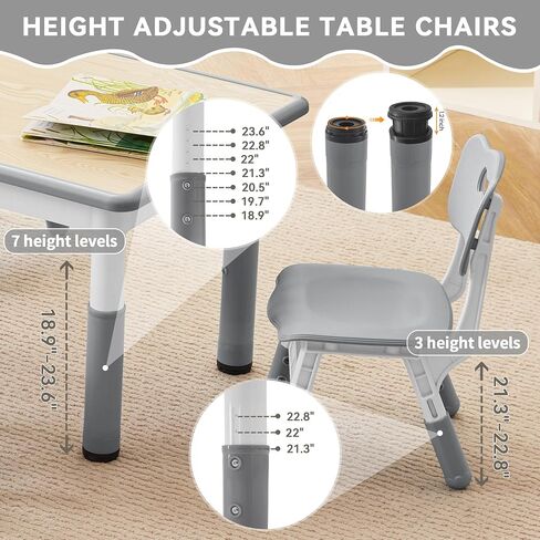 Kids Study Table and Chairs Set, Height Adjustable Toddler Table and Chair Set for Kids Ages 3-8, 23.6" L x 23.6" W Graffiti Desktop Plastic Children Art Table with 2 Seats, Burlywood in Kuwait