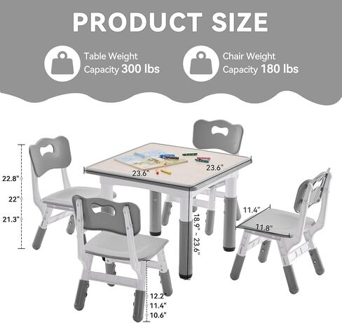 Kids Study Table and Chairs Set, Height Adjustable Toddler Table and Chair Set for Kids Ages 3-8, 23.6" L x 23.6" W Graffiti Desktop Plastic Children Art Table with 2 Seats, Burlywood in Kuwait
