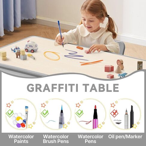 Kids Study Table and Chairs Set, Height Adjustable Toddler Table and Chair Set for Kids Ages 3-8, 23.6" L x 23.6" W Graffiti Desktop Plastic Children Art Table with 2 Seats, Burlywood in Kuwait