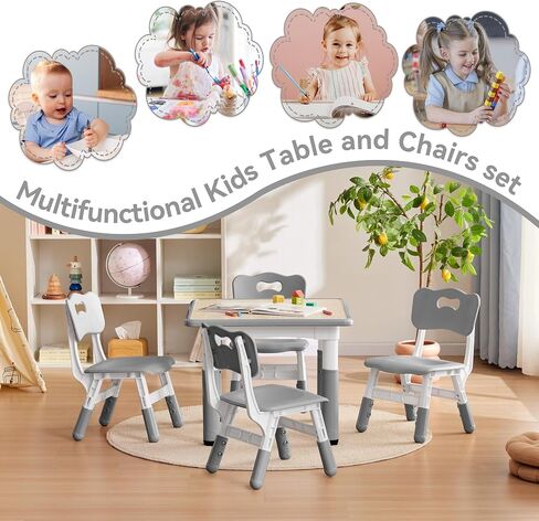 Kids Study Table and Chairs Set, Height Adjustable Toddler Table and Chair Set for Kids Ages 3-8, 23.6" L x 23.6" W Graffiti Desktop Plastic Children Art Table with 2 Seats, Burlywood in Kuwait