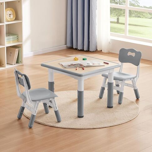 Kids Study Table and Chairs Set, Height Adjustable Toddler Table and Chair Set for Kids Ages 3-8, 23.6" L x 23.6" W Graffiti Desktop Plastic Children Art Table with 2 Seats, Burlywood in Kuwait