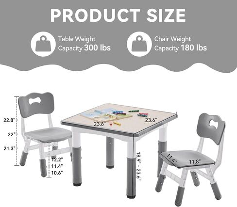 Kids Study Table and Chairs Set, Height Adjustable Toddler Table and Chair Set for Kids Ages 3-8, 23.6" L x 23.6" W Graffiti Desktop Plastic Children Art Table with 2 Seats, Burlywood in Kuwait