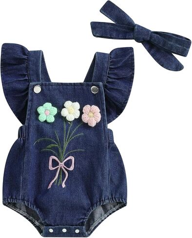 Douhoow Baby Girl Denim Romper Shuffle Flower in Kuwait