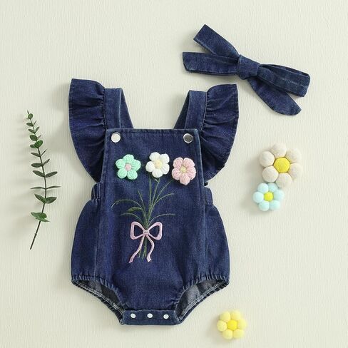 Douhoow Baby Girl Denim Romper Shuffle Flower in Kuwait
