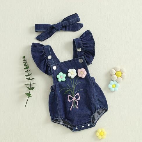 Douhoow Baby Girl Denim Romper Shuffle Flower in Kuwait