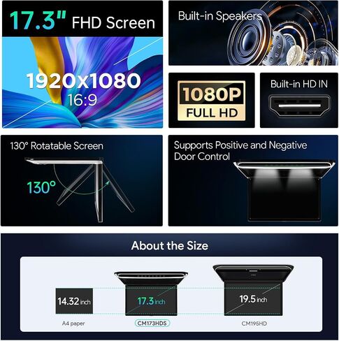 XTRONS® 17.3 بوصة 16:9 شاشة TFT رقمية رفيعة للغاية FHD 1080P مشغل فيديو علوي للسيارة شاشة مثبتة على السقف منفذ HDMI 1920 * 1080 سماعات رأس IR جديدة عالية الوضوح (أسود وأبيض) (بدون DVD) in Saudi Arabia