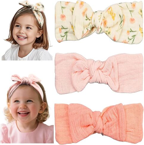 Baby Girl Muslin Cotton Hair Bow Headband, Top Knotted Floral and Solid Headwrap for Newborns, Infants, Toddlers (CJpinkset) in Saudi Arabia