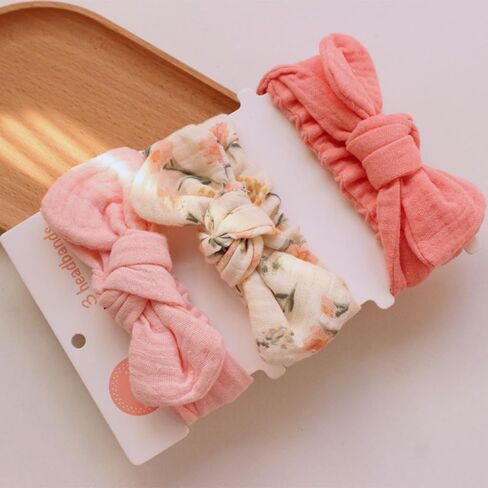 Baby Girl Muslin Cotton Hair Bow Headband, Top Knotted Floral and Solid Headwrap for Newborns, Infants, Toddlers (CJpinkset) in Saudi Arabia