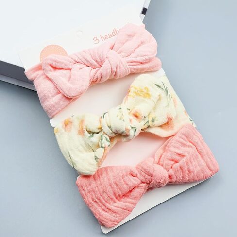 Baby Girl Muslin Cotton Hair Bow Headband, Top Knotted Floral and Solid Headwrap for Newborns, Infants, Toddlers (CJpinkset) in Saudi Arabia