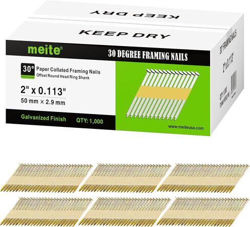 MEITE 30 درجة تأطير الأظافر 2 بوصة × .113 بوصة ، شانك الحلقة ، مغلفة مجلفنة ، شريط ورقي ، إطار أظافر رأس مستدير من 30 إلى 34 درجة (1000 التهم) in Kuwait