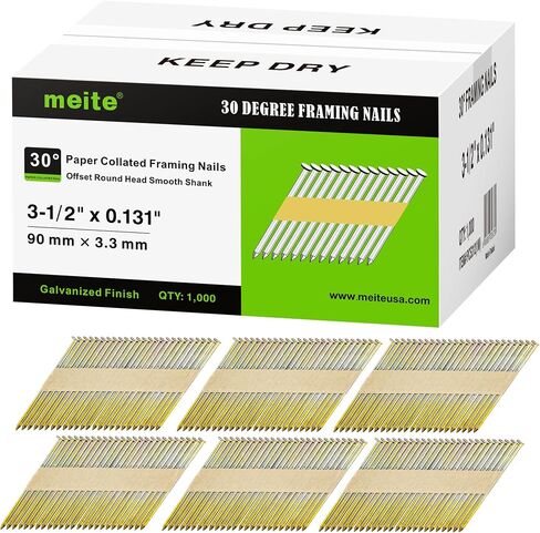 MEITE 30 درجة تأطير الأظافر 2 بوصة × .113 بوصة ، شانك الحلقة ، مغلفة مجلفنة ، شريط ورقي ، إطار أظافر رأس مستدير من 30 إلى 34 درجة (1000 التهم) in Kuwait