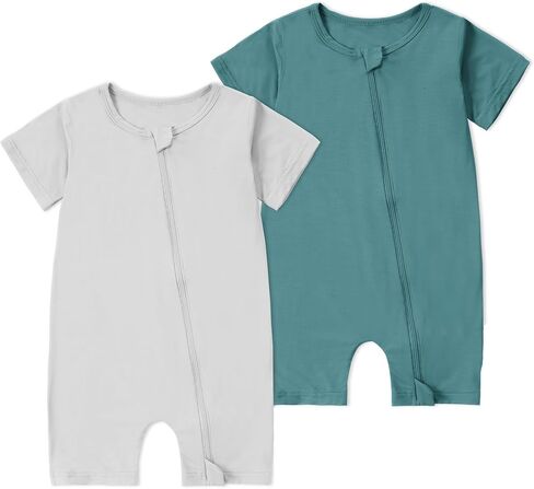 MICHLEY Baby Bamboo Viscose Short Sleeve Summer Romper 2 Pack, Unisex Newborn Zipper Bodysuit Toddler Clothes 0-24M in Kuwait