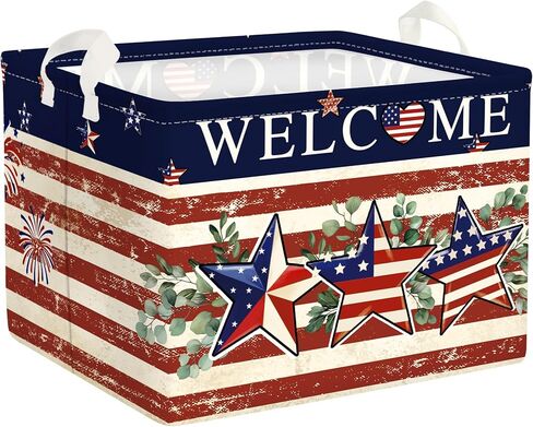 Memorial Independence Day Baby Gift Basket Empty Retro America Flag Patriotic Storage Bin Gnome Rectangle Clothes Toy Book Shelf Basket, Stars, 36L in Saudi Arabia
