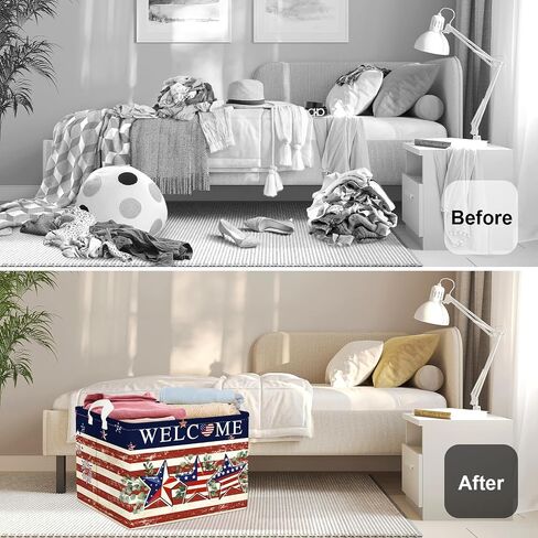 Memorial Independence Day Baby Gift Basket Empty Retro America Flag Patriotic Storage Bin Gnome Rectangle Clothes Toy Book Shelf Basket, Stars, 36L in Saudi Arabia