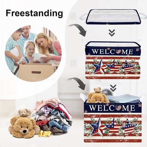 Memorial Independence Day Baby Gift Basket Empty Retro America Flag Patriotic Storage Bin Gnome Rectangle Clothes Toy Book Shelf Basket, Stars, 36L in Saudi Arabia