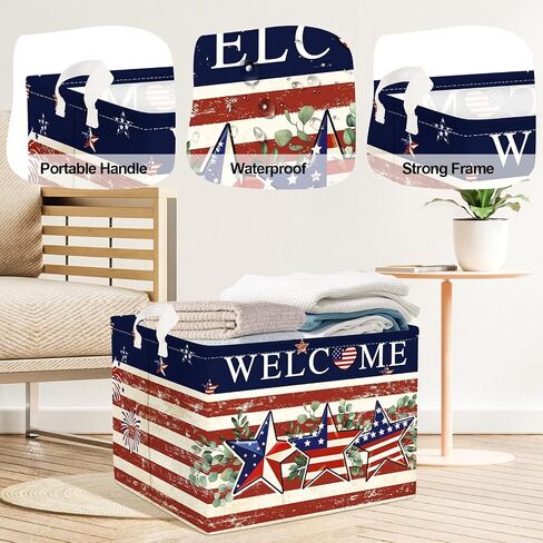 Memorial Independence Day Baby Gift Basket Empty Retro America Flag Patriotic Storage Bin Gnome Rectangle Clothes Toy Book Shelf Basket, Stars, 36L in Saudi Arabia