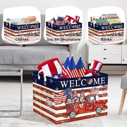 Memorial Independence Day Baby Gift Basket Empty Retro America Flag Patriotic Storage Bin Gnome Rectangle Clothes Toy Book Shelf Basket, Stars, 36L in Saudi Arabia