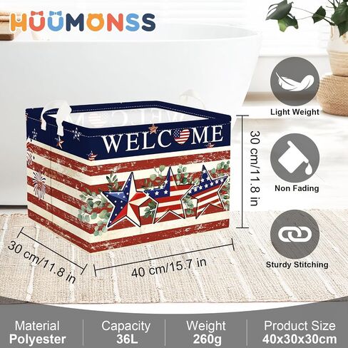 Memorial Independence Day Baby Gift Basket Empty Retro America Flag Patriotic Storage Bin Gnome Rectangle Clothes Toy Book Shelf Basket, Stars, 36L in Saudi Arabia
