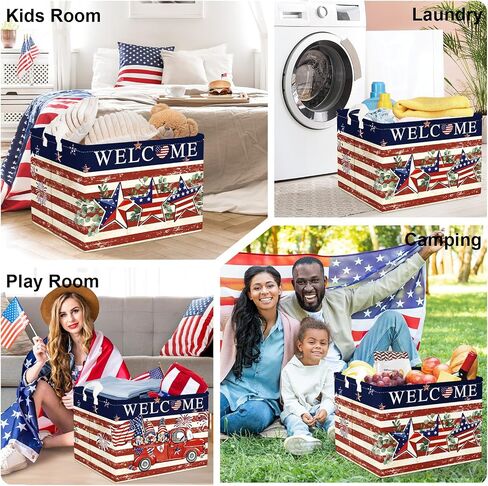 Memorial Independence Day Baby Gift Basket Empty Retro America Flag Patriotic Storage Bin Gnome Rectangle Clothes Toy Book Shelf Basket, Stars, 36L in Saudi Arabia