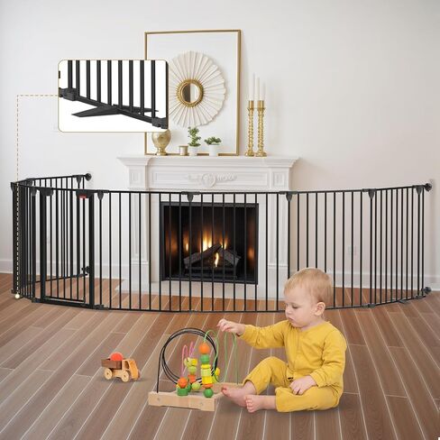 Baby Gate 27.5"-199" Extra-Wide Playpen with Stands, Play Yard Child Safety Fence, Dog Gate with Auto-Close Door, Double Locking System for Fireplace, Foldable 8 Panels, Black 29" Height in Saudi Arabia