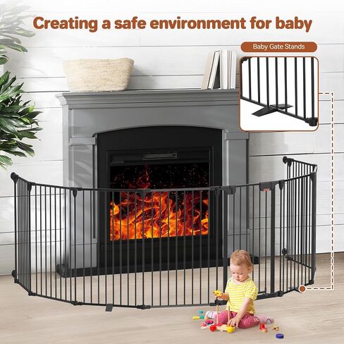 Baby Gate 27.5"-199" Extra-Wide Playpen with Stands, Play Yard Child Safety Fence, Dog Gate with Auto-Close Door, Double Locking System for Fireplace, Foldable 8 Panels, Black 29" Height in Saudi Arabia
