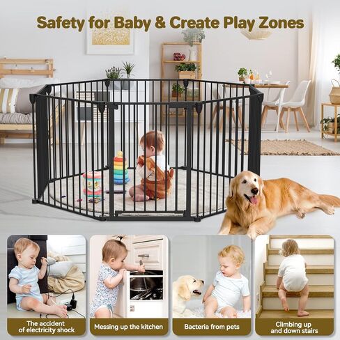 Baby Gate 27.5"-199" Extra-Wide Playpen with Stands, Play Yard Child Safety Fence, Dog Gate with Auto-Close Door, Double Locking System for Fireplace, Foldable 8 Panels, Black 29" Height in Saudi Arabia