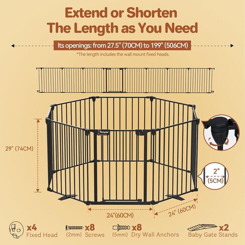 Baby Gate 27.5"-199" Extra-Wide Playpen with Stands, Play Yard Child Safety Fence, Dog Gate with Auto-Close Door, Double Locking System for Fireplace, Foldable 8 Panels, Black 29" Height in Saudi Arabia