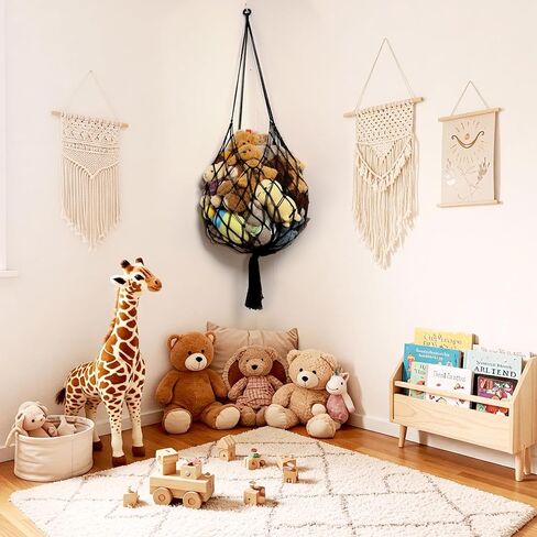 محشو بتخزين الحيوانات زاوية شنقا صافي حيوانات حيوان أرجوحة Macrame Display Plush Toy Holder for Kid Bedroom Decor Boho Playroom Playrizer (Cream) in Kuwait