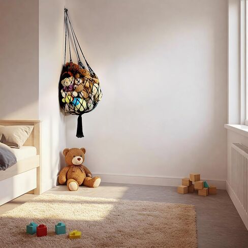 محشو بتخزين الحيوانات زاوية شنقا صافي حيوانات حيوان أرجوحة Macrame Display Plush Toy Holder for Kid Bedroom Decor Boho Playroom Playrizer (Cream) in Kuwait