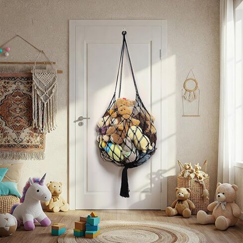 محشو بتخزين الحيوانات زاوية شنقا صافي حيوانات حيوان أرجوحة Macrame Display Plush Toy Holder for Kid Bedroom Decor Boho Playroom Playrizer (Cream) in Kuwait