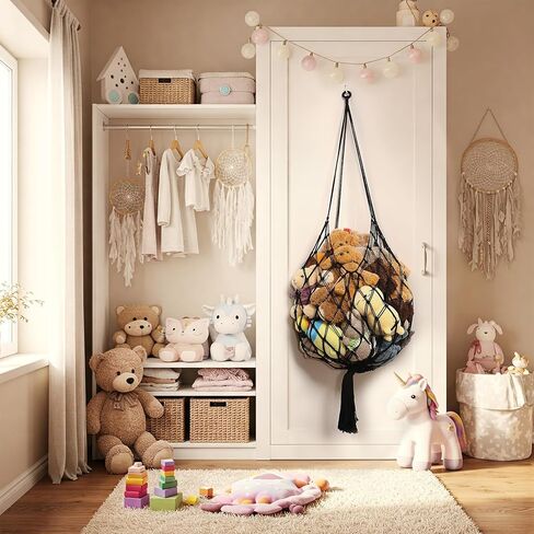 محشو بتخزين الحيوانات زاوية شنقا صافي حيوانات حيوان أرجوحة Macrame Display Plush Toy Holder for Kid Bedroom Decor Boho Playroom Playrizer (Cream) in Kuwait