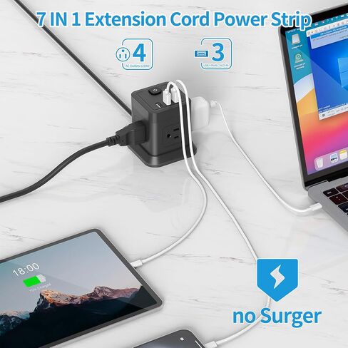 FDTEK Power Strip USB C, 4 Outlets 3 USB Ports 5 FT Extension Cord White in Kuwait