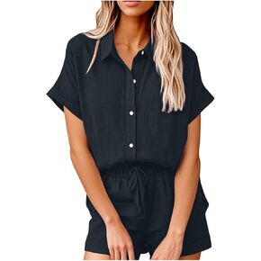 Womens Two Piece Outfits Summer Cotton Linen Short Sleeve Shirts Casual Loose Fit Drawstring Shorts Sets with Pocket