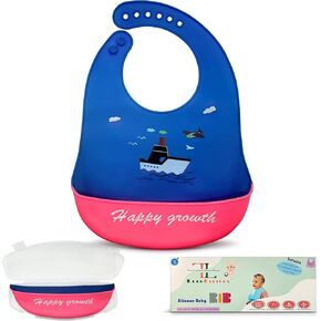 Silicone Baby Bibs Unisex, Self-Feeding, Catch-all Large Pocket, 6-48 months, BPA-Phthalate Free, w/Travel Case