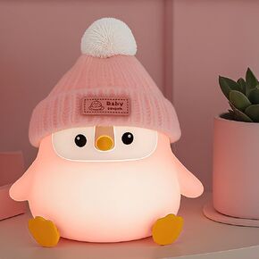 Penguin Night Light, Cute Pink Penguin Lamp with Knit Hat, Soft Silicone Nursery Nightlight for Baby, Rechargeable/Dimmable/Timer,LED Squishy Novelty Animal Bedside Lamp,Funny Gifts for Kids