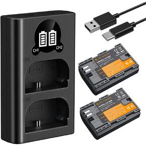 K&F Concept 2400mAh LP-E6P 2-Pack Battery and Dual Slot USB Charger Compatible with Canon EOS R8, R7, R6, R5, R5 Mark II, R, 5D III IV, 5DS, 6D, 6D II, 7D, 80D, 90D