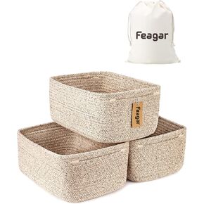 Feagar Storage Basket - Shelf Baskets for Organizing, Woven Cotton Rope Baskets for Gifts Empty with Handles, 13 x 8.7 x 5.1'' Small Toy Basket for Closet, Shelves, Bathroom, Home, 3 Packs Brown
