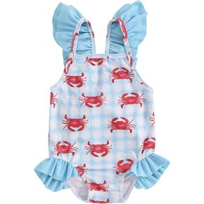 Toddler Baby Girl One Piece Swimsuit Crab Print Fly Sleeve Ruffle Trim Bathing Suit Summer Rash Guard Beachwear