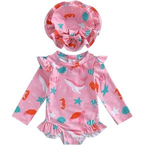 Baby Girl Swimsuit Long Sleeve Ruffled Shell Zip Up Swimwears Toddler Kids Infant Bathing Suit One Piece with Hat