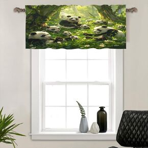 1 Panel Cute Cartoon Panda Window Valances, Rod Pocket Forest Animal Tree Floral Plant Short Curtains Window Treatment for Kitchen, Bathroom, Bedroom Decor, 54" W X 18" L