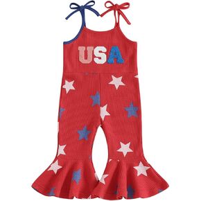 4th of July Toddler Girl Outfit USA Romper Spaghetti Strap Bell Bottom Jumpsuit Overall Baby Fourth of July Outfits