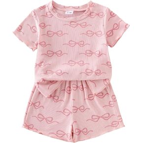 Toddler Girl Clothes Baby Summer Outfits Cute Bow Ruffled Sleeve Shirt Ribbed Knit Tops Shorts Set for Girl Clothing
