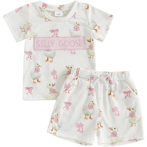 Toddler Baby Girl Summer Clothes Silly Goose Bow Print Short Sleeve T-Shirt Tops Shorts 2Pcs Set Farm Goose Outfit